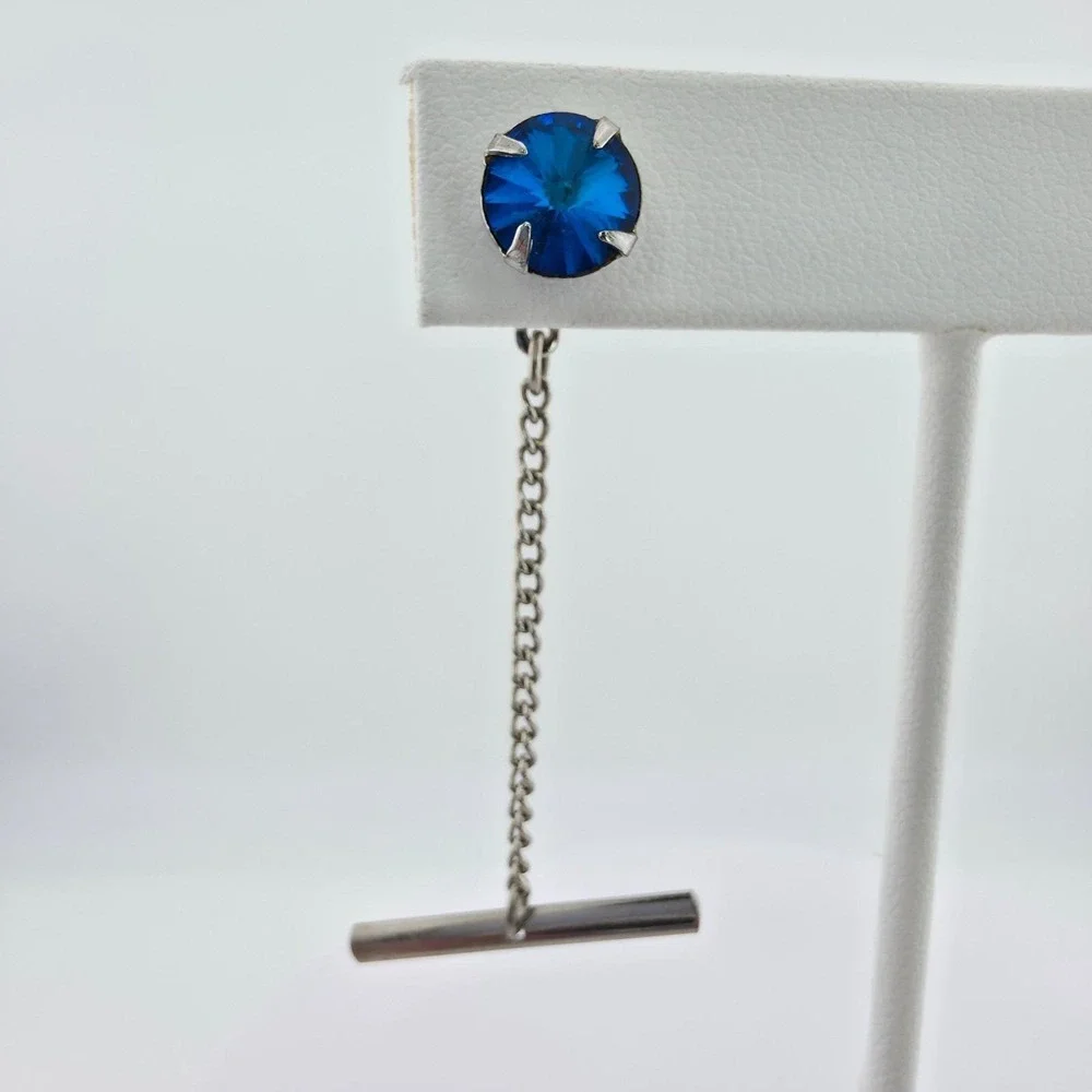 Vtg 1970's Tie Tack Pin Blue Crystal Rivoli Cut Buttonhole Barbell Silver Tone